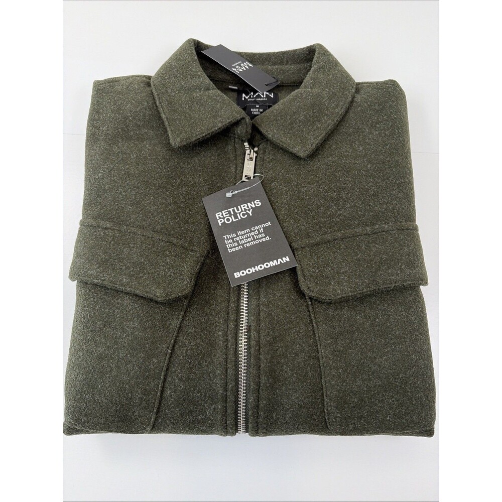 BoohooMAN Regular Fit Pocket Detail Jacket Wool Look Harrington Green Size M